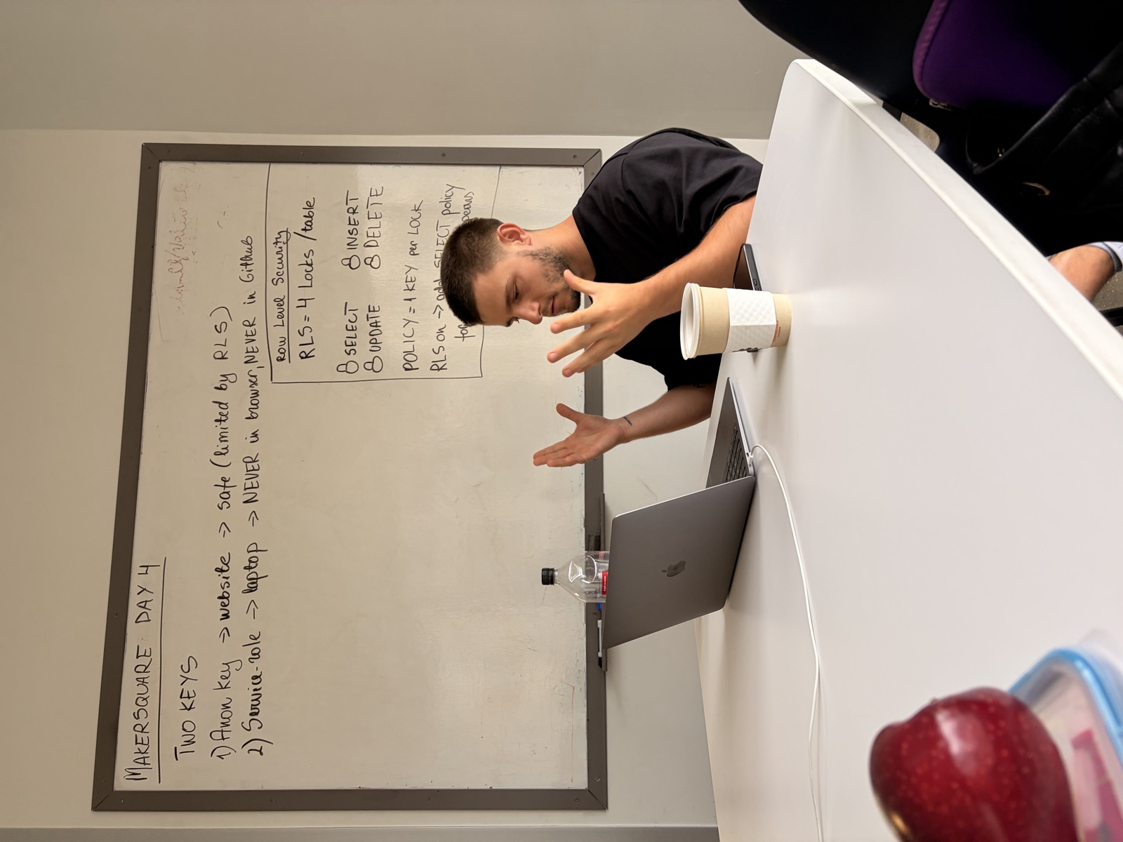 Whiteboard session on Day 4 covering Supabase keys and row level security